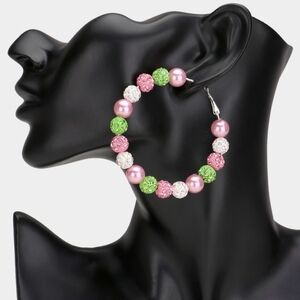Pink & Green Shamballa 2.6" Disco Beads Hoop Earrings Fashion Statement Jewelry